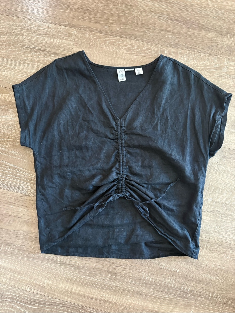Joie Black V-Neck Ruched Tie-Front Crop Top